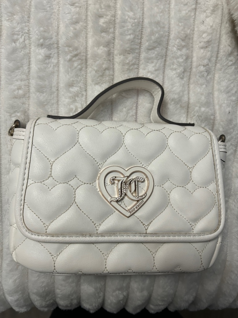 White Quilted Heart-Accent Top Handle Bag